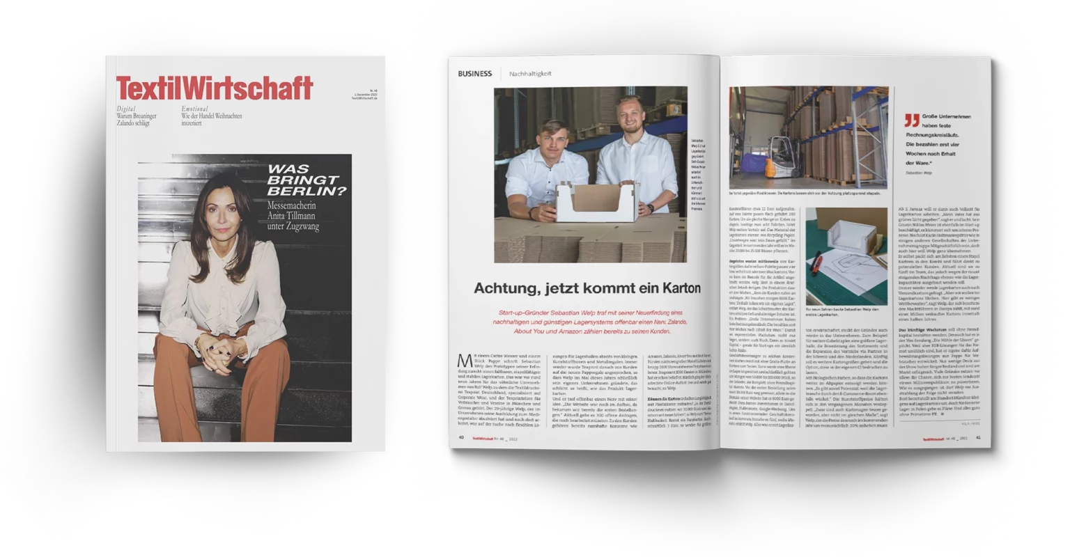 Textilwirtschaft Magazin Beitrag Lagerkarton mit Sebastian Welp und Niklas Meier über das Thema Nachhaltige Lagerung im E-Commerce