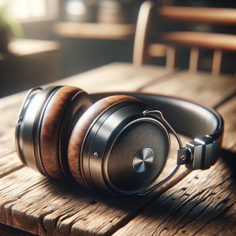 DALL·E 2024 02 24 12.12.59 A realistic image showcasing a pair of high quality headphones with sleek design and cushioned ear cups placed on a rustic wooden table. The headpho