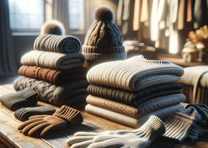 DALL·E 2024-02-21 18.38.23 - A realistic image showcasing a variety of winter clothing neatly arranged on a wooden table. The foreground is dominated by the winter clothing, inclu