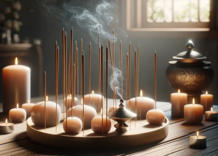 DALL·E 2024-02-21 19.00.18 - A realistic image depicting a serene setting with incense candles placed on a wooden table, creating a peaceful and meditative atmosphere. The incense