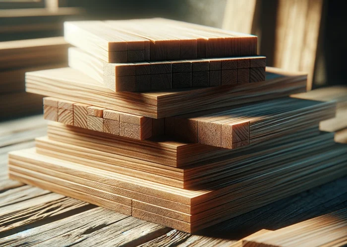 DALL·E 2024-02-22 22.52.30 - A realistic image showcasing a stack of wooden boards, ready for carpentry or construction projects, placed on a rustic wooden table. The boards are i