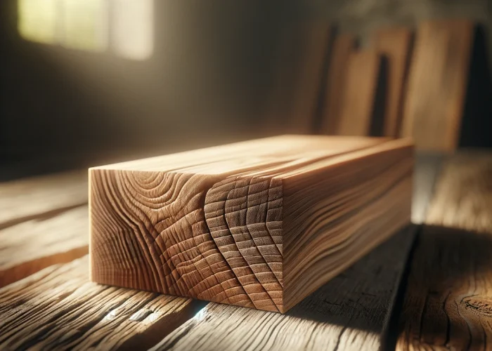 DALL·E 2024-02-23 16.03.42 - A realistic image showcasing a piece of finely grained wood, perhaps a part of a carpentry project, placed on a rustic wooden table. The wood piece is