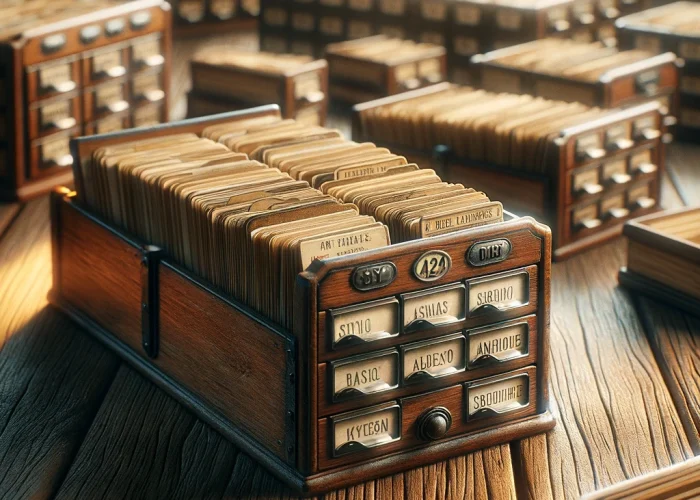 DALL·E 2024-02-23 16.27.26 - A realistic image showcasing a collection of card catalogs, once used in libraries to organize and locate books, placed on a rustic wooden table. The