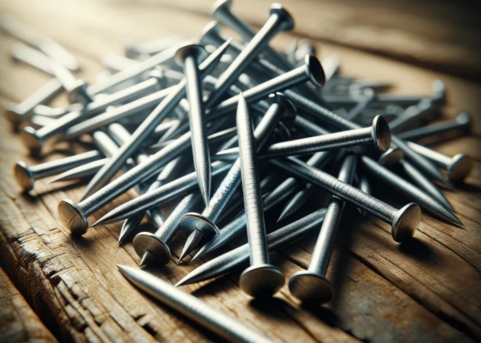 DALL·E 2024-02-23 16.29.28 - A realistic image showcasing a pile of metal nails, commonly used in construction and woodworking, scattered on a rustic wooden table. The nails are i