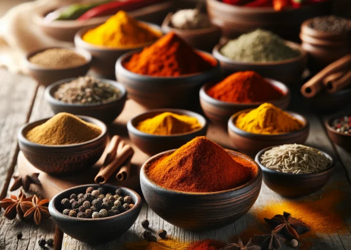 DALL·E 2024-02-24 12.15.57 - A realistic image showcasing a variety of spices, including turmeric, paprika, cumin, and black pepper, displayed in small bowls on a rustic wooden ta