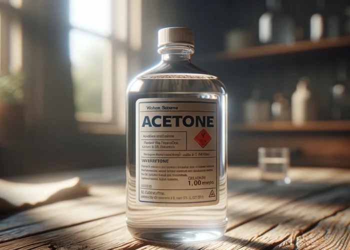 DALL·E 2024-02-22 22.58.35 - A realistic image showcasing a bottle of acetone, commonly used as a solvent in laboratories and for nail polish remover, placed on a rustic wooden ta