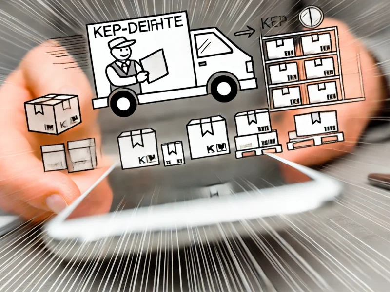 DALL·E 2024-08-27 13.17.04 - A detailed image representing 'KEP-Dienste' (courier, express, and parcel services). The image should include elements such as delivery vans, parcels