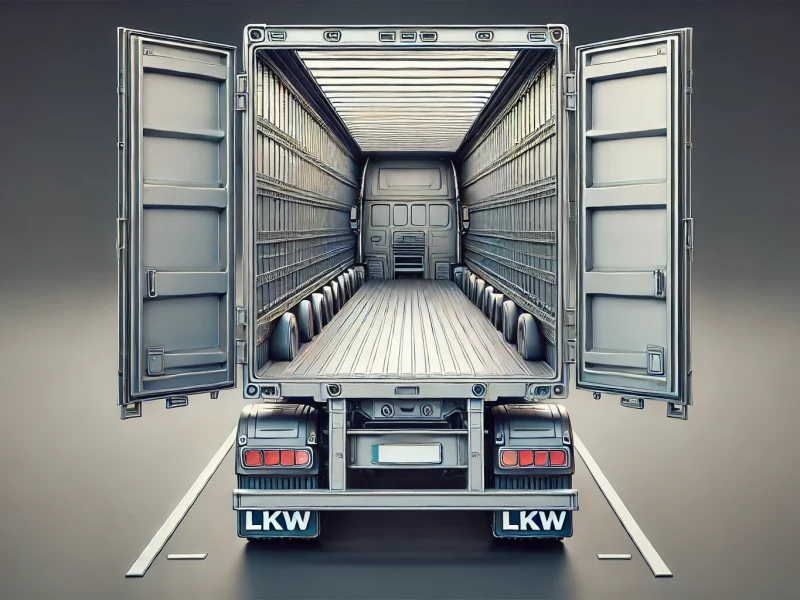 DALL·E 2024-08-29 11.10.10 - A detailed illustration of an empty large truck (LKW) with its back doors open, showing the empty cargo area. The truck should be positioned on a road