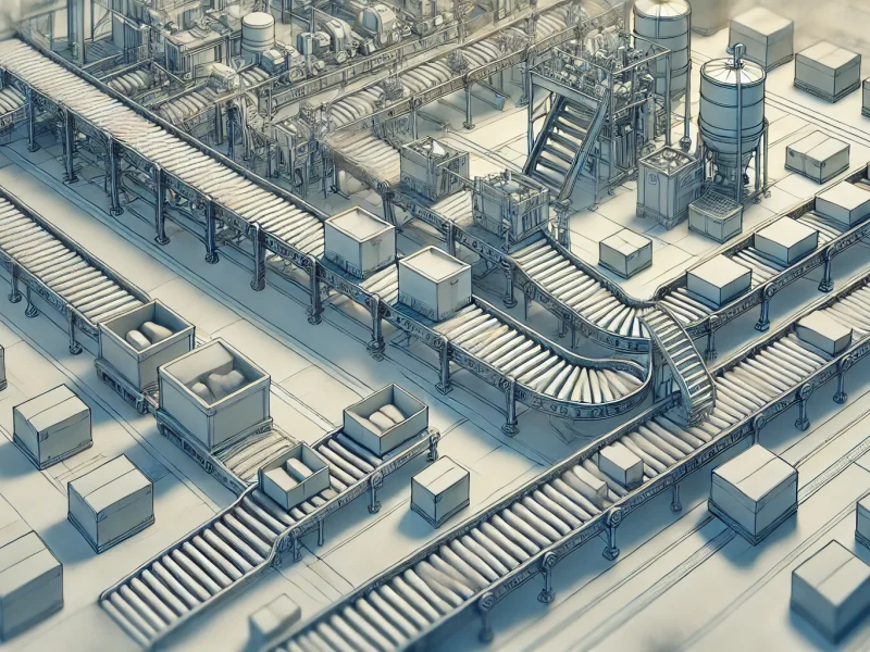 DALL·E 2024-08-29 13.43.53 - A detailed image showing the movement of fewer materials through a production process. The image should depict a simplified assembly line or conveyor