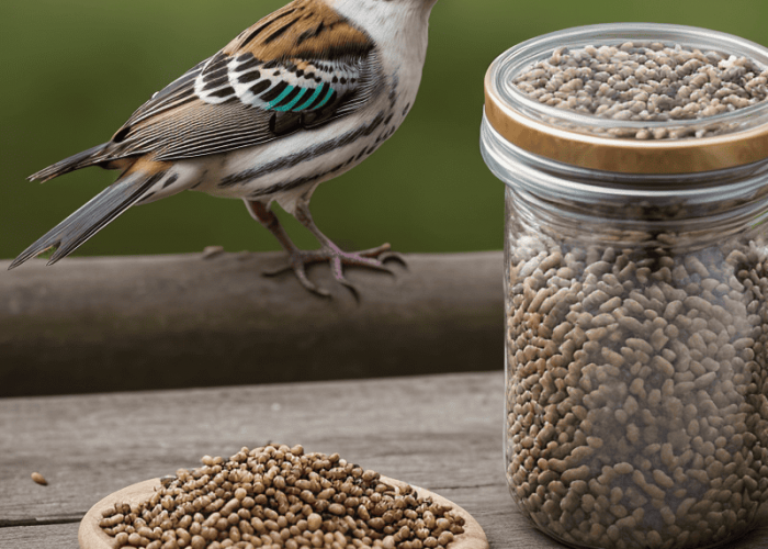 realistic style bird food in the foreground clear