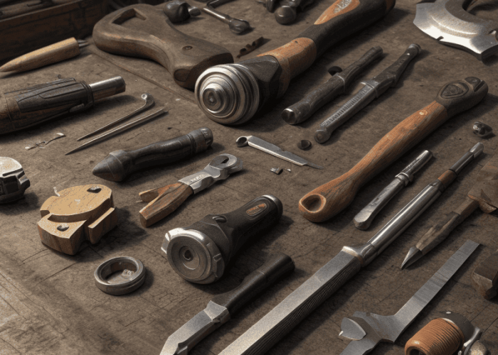 realistic style close up of assorted tools in